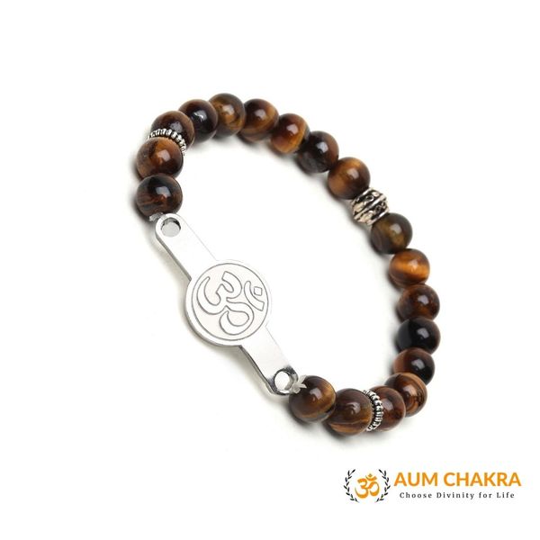 Natural Tiger Eye Stainless Steel Om Bracelet