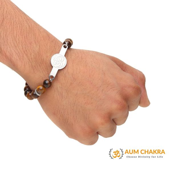 Natural Tiger Eye Stainless Steel Om Bracelet