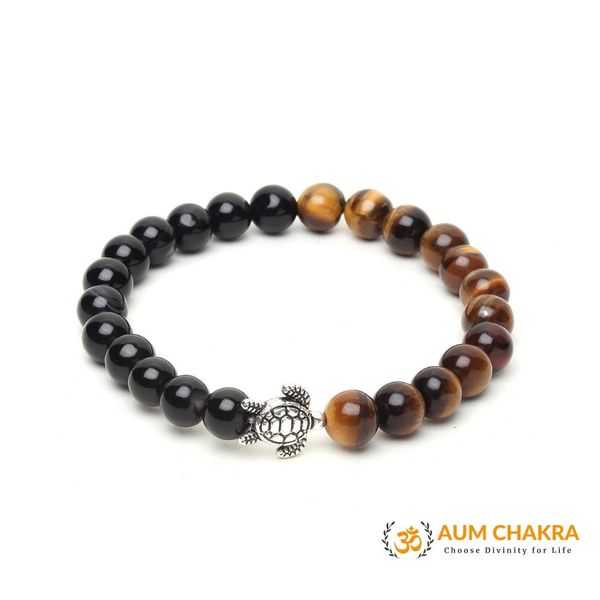 Natural Tiger Eye & Black Onyx Stone Turtle Good Luck Bracelet