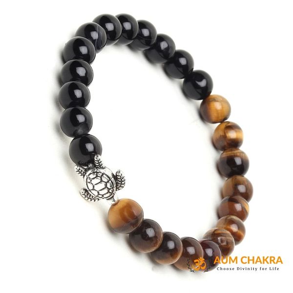 Natural Tiger Eye & Black Onyx Stone Turtle Good Luck Bracelet