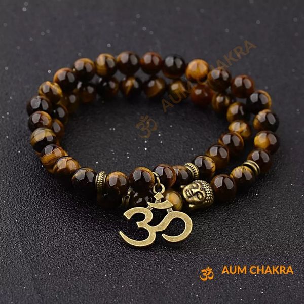 Natural Tiger Eye Stone Om Buddha Bracelet