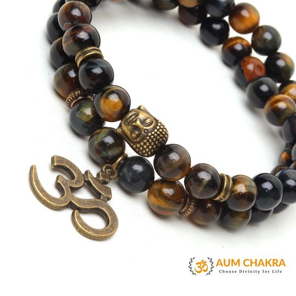 Natural Mix Tiger Eye Om Buddha Bracelet
