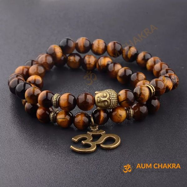 Natural Tiger Eye Stone Om Buddha Bracelet