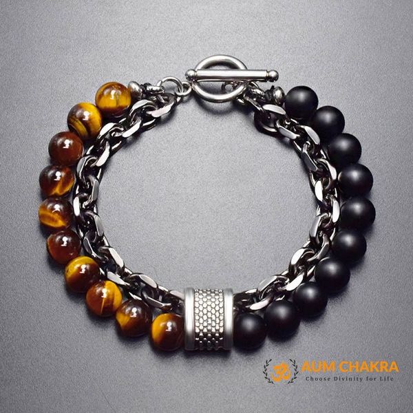 Natural Tiger Eye & Matt Agate Stone Stainless Steel Bracelet