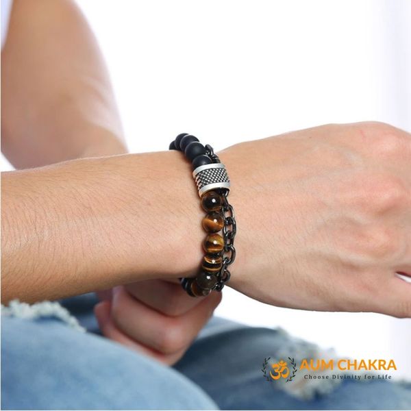Natural Tiger Eye & Matt Agate Stone Stainless Steel Bracelet
