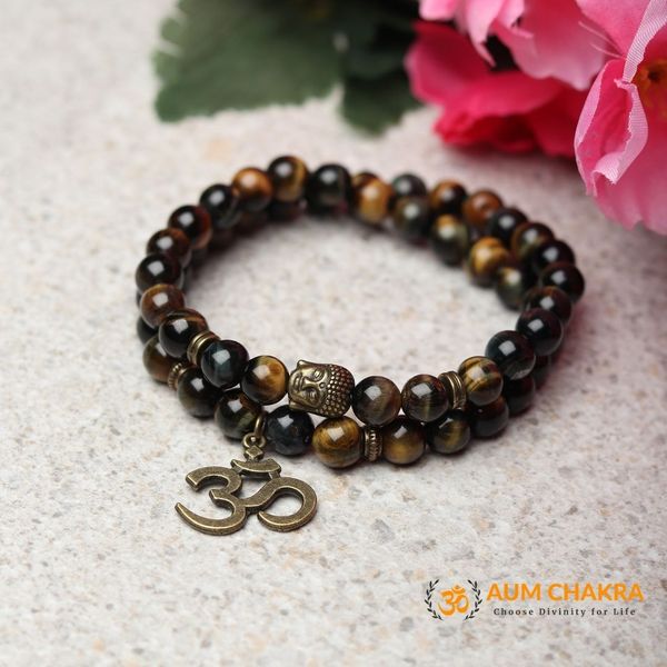 Natural Mix Tiger Eye Om Buddha Bracelet