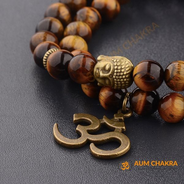 Natural Tiger Eye Stone Om Buddha Bracelet