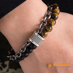 Natural Tiger Eye & Matt Agate Stone Stainless Steel Bracelet
