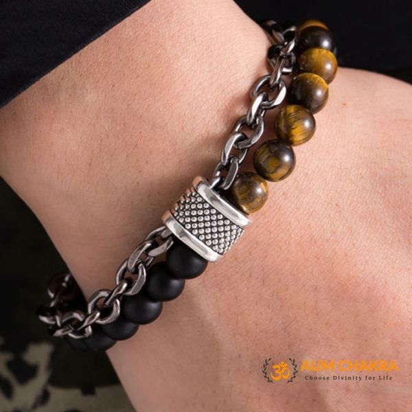 Natural Tiger Eye & Matt Agate Stone Stainless Steel Bracelet