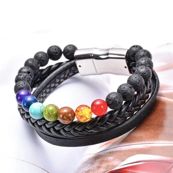 Natural 7 Chakra Healing Lava Stone Leather Bracelet