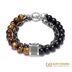 Natural Tiger Eye & Matt Agate Stone Stainless Steel Bracelet
