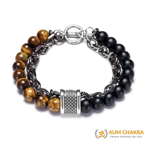 Natural Tiger Eye & Matt Agate Stone Stainless Steel Bracelet