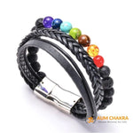 Natural 7 Chakra Healing Lava Stone Leather Bracelet