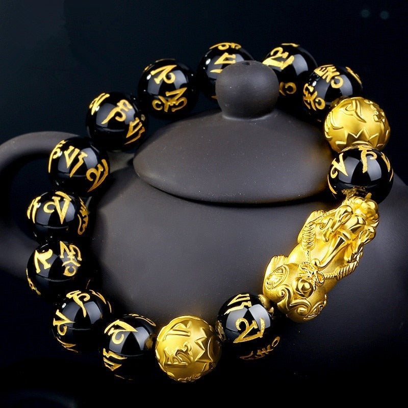 Natural Black Obsidian Stone Feng Shui Pixiu Wealth Bracelet โ Aum