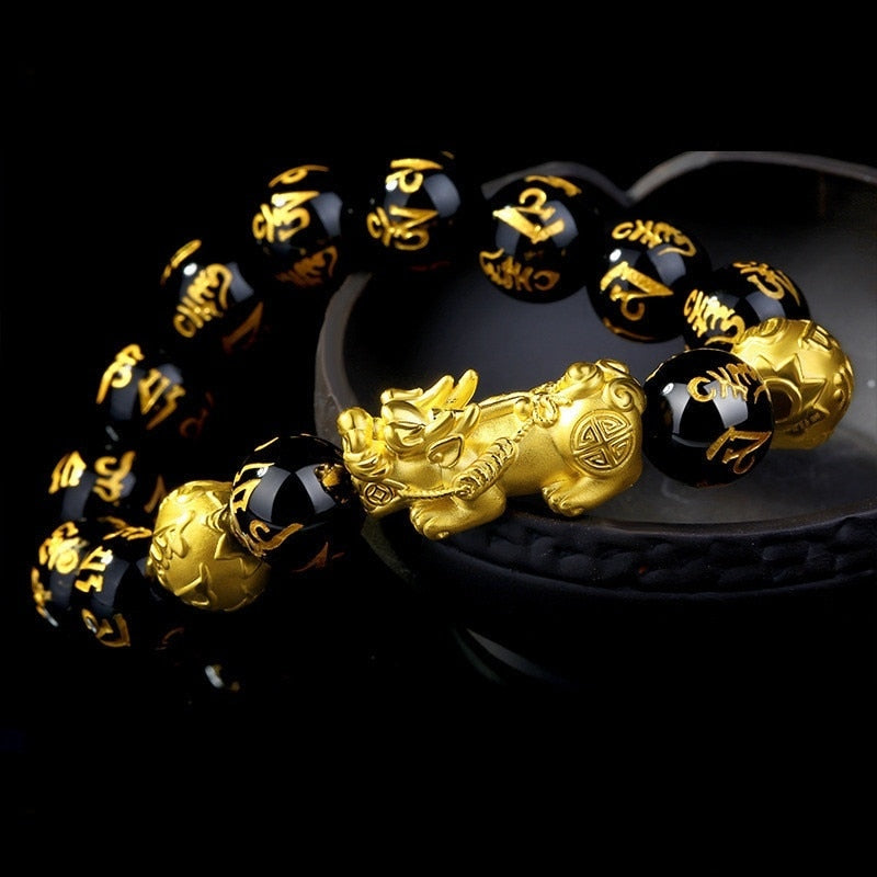 Feng Shui Black Obsidian Stone 10 Karat Gold Bracelet – URGAEW