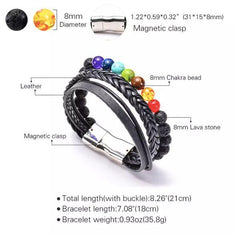Natural 7 Chakra Healing Lava Stone Leather Bracelet