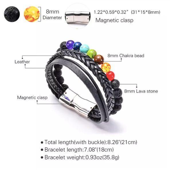 Natural 7 Chakra Healing Lava Stone Leather Bracelet