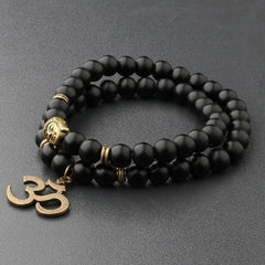 Natural Black Matte Agate Om Buddha Bracelet