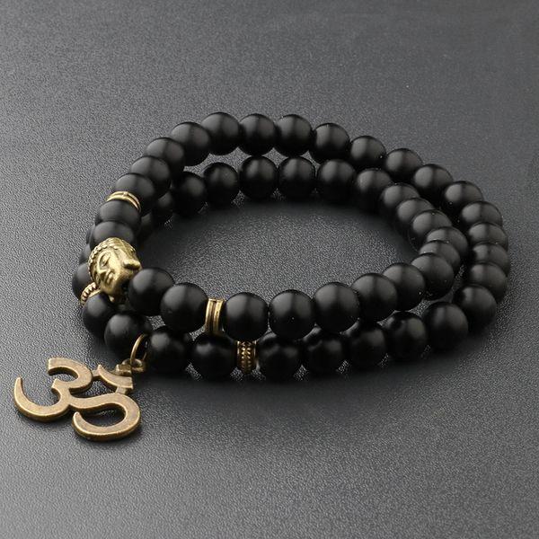 Natural Black Matte Agate Om Buddha Bracelet
