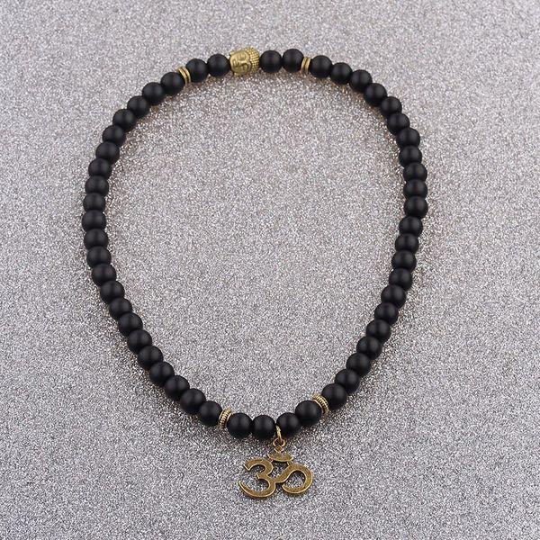 Natural Black Matte Agate Om Buddha Bracelet