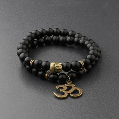 Natural Black Matte Agate Om Buddha Bracelet